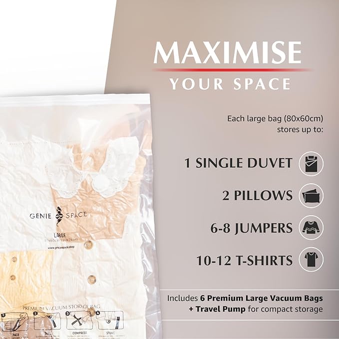 GENIE SPACE Large Vacuum Storage Bags - Pack of 6, 30x24in | Strong Space Saving Bags | Premium Airtight & Reusable Vacuum Bag for Clothes, Bedding, Towels, Cushions & More | inc Travel Pump-NeatNest