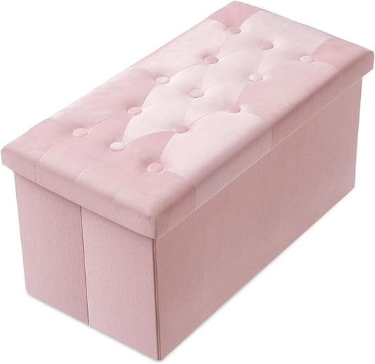 PRANDOM Extra Large Ottoman with Storage [1-Pack] Velvet Folding Small Square Foot Stool with Lid for Toy Living Room Bedroom Coffee Table Dorm Pink 30.5x15x15 inches-NeatNest