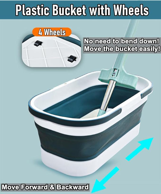 Collapsible Mop Wash Basin Bucket with Handle and Wheels, 12L (3.2 Gallon) Portable Plastic Basket Crate Tub for Storage Organization, Foldable Water Bin Container for Cleaning, Car Washing, Blue-NeatNest