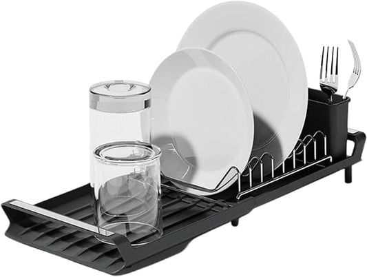 Dish Drying Rack, Expandable Kitchen Dish Racks for Kitchen Counter with Inclined Sloped Drain, Removable Stainless Steel Plate Rack & Utensil Holder, Collapsible Dish Drainer Grey, 11-19 in