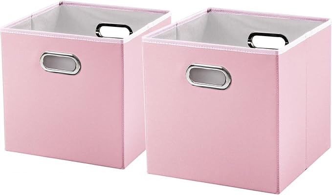 PRANDOM Leather Foldable Cube Storage Bins 13x13 inch [2-Pack] Fabric Storage Baskets Cubes Drawer with Cotton Handles Organizer for Shelves Nursery Closet Bedroom Clothes Pink-NeatNest