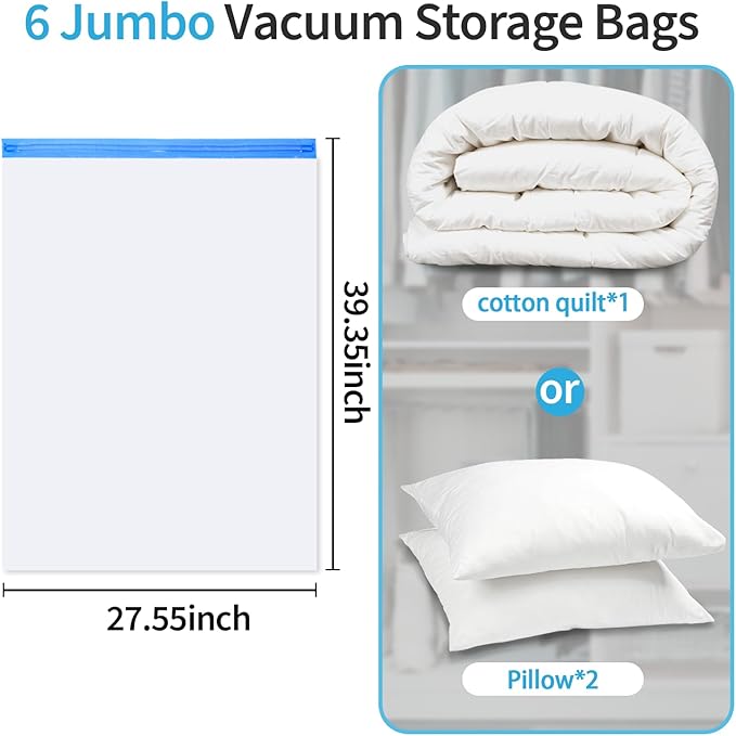 Vacuum Storage Bags, 6 Jumbo Space Saver Bags Save 80% Clothes Space, Vacuum Sealer Bags for Clothes, Comforters, Blankets, Bedding, Compression Seal for Closet Storage-NeatNest