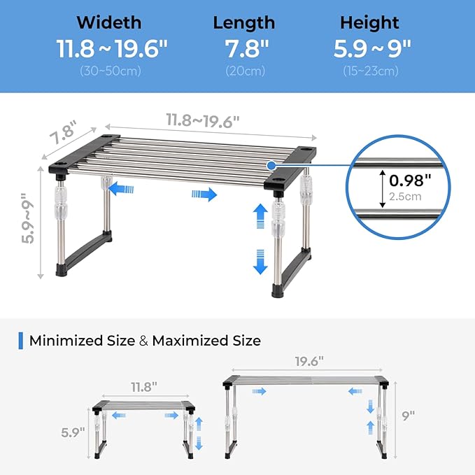 carrotez 2 Pack Expandable Cabinet Organizer, Set of 1 Width & Height-Adjustable Kitchen Cabinet Organizer Shelf, Stackable Kitchen Counter Shelf, 11.8~19.6 x 7.8 x 5.9~9" Black-NeatNest