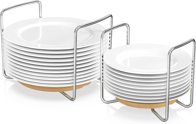 Wisuce Dish Racks for Kitchen Countertop Organizer - Bamboo Plate Holder Adjustable Size | Stainless Steel 304 Portable Handle for Kitchen Drawer Countertop Cupboard Shelf