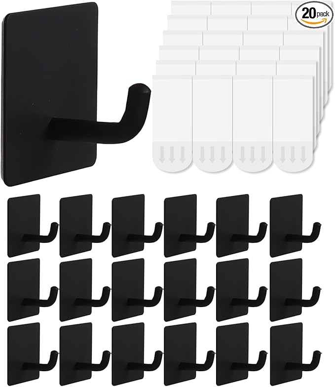 20 Pcs Towel Hooks with Removable Strips for Hanging, Adhesive Wall Heavy Duty, Outdoor No Damage, Sticky Hook for Bathrooms, Shower, Stockings, Decor, Robe, Small, Black 304 Stainless Steel