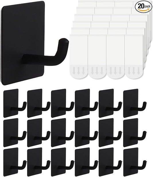 20 Pcs Towel Hooks with Removable Strips for Hanging, Adhesive Wall Heavy Duty, Outdoor No Damage, Sticky Hook for Bathrooms, Shower, Stockings, Decor, Robe, Small, Black 304 Stainless Steel