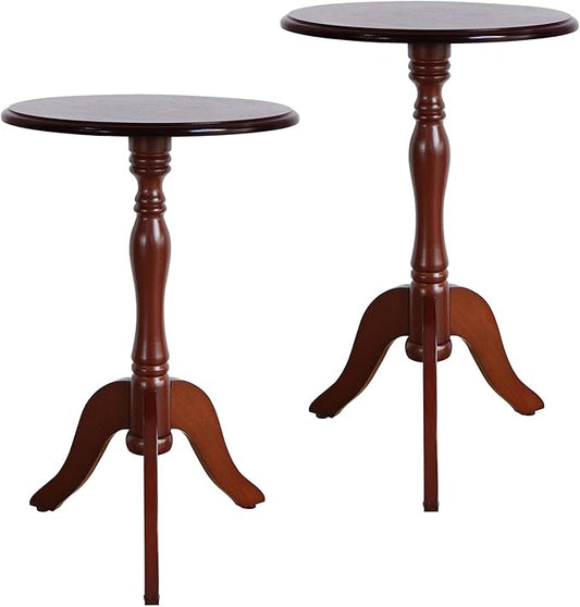 HLR Round Small End Table Set of 2, Wooden Pedestal Side Coffee Table, 2pcs Vintage Accent Nightstand for Living Room, Bedroom, Entryway, Dark Brown