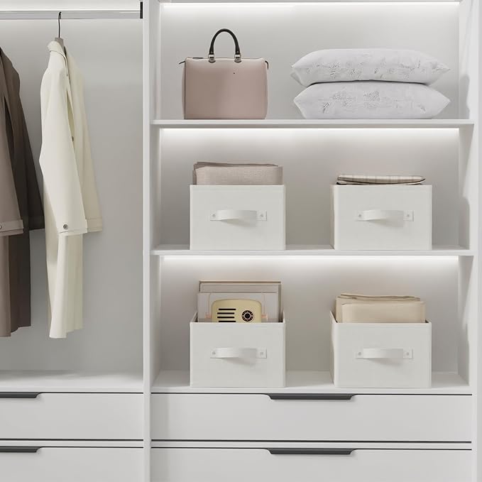 Fabric Storage Boxes for Shelves, 3 Pack Foldable Cloth Bins, Closet Organizers System with 2 Handles, Durable and Sturdy, Saving Space, White & Ivory, 16.1 x 9.8 x 6.5 In, XSNY11WM-3-NeatNest