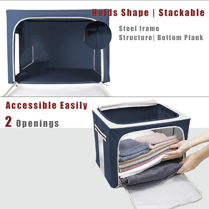 Clothes Storage Box Bins Stackable Foldable Organizer,Sturdy Handles with Metal Frame for Clothing Bedding Shelves,Closet Container with Clear Window Zipper and Label Holder (Navy, 40L x3 Pack)-NeatNest