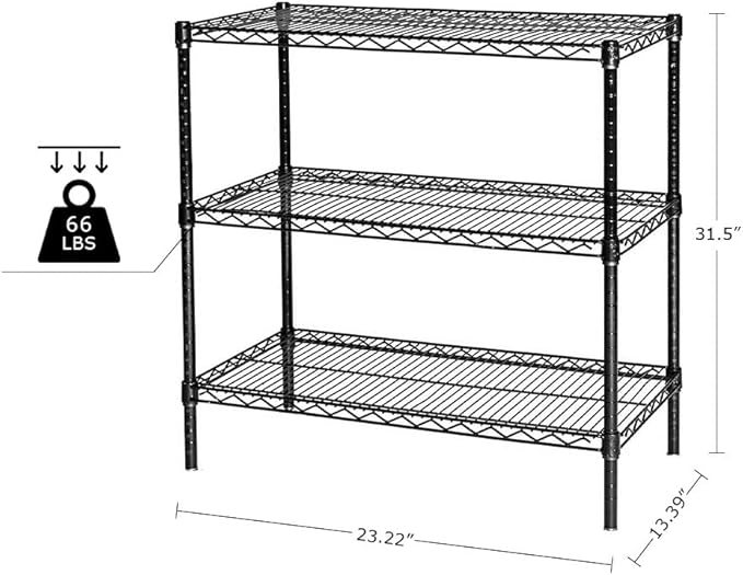 3 Tier Wire Shelving Unit, Adjustable Wire Rack, Metal Storage Shelves for Kitchen, Pantry, Laundry, Bathroom, Closet (13.5" D x 23" W x 31.5" H, Black)