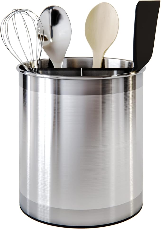 Cooler Kitchen Rotating Extra Large Stainless Steel Utensil Holder Caddy with Sturdy No-Tip Weighted Base, Removable Divider, and Gripped Insert Bottom -Dishwasher Safe Metal Cooking Utensil Holder…-NeatNest