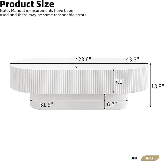 KEVINSPACE Oval Coffee Table for Living Room Modern Wood Center Tables Cocktail Fluted 43.3" W Reception Room Easy Assemble, White