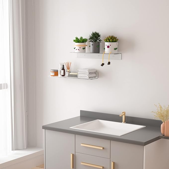 24 Inches Clear Floating Shelves for Wall, Acrylic Long Wall Shelf, Wall Mounted Shelves for Plants, Speaker, Radio, Funko Pop, Stuffed Animal, Books, Cosmetics, Toiletries, 2 Pack (24 Inch)-NeatNest