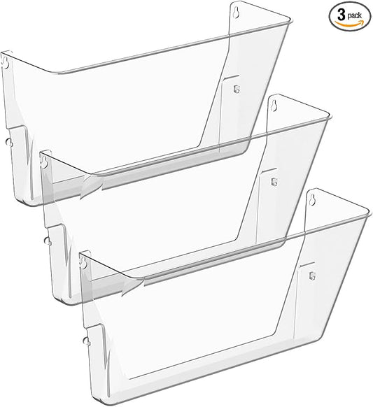 3 Pack Clear Acrylic Single Pocket, Plastic Hanging Wall Mount File Holder for Office Home, Clear