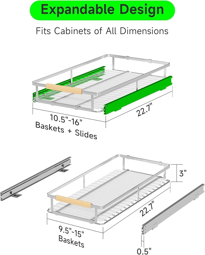 Expandable Pull Out Drawers for Cabinets, Kitchen Cabinet Slide Out Shelves, Adjustable Roll Out Drawers, Stainless Steel, Small 2 Pack, (10.5"-16") W * 22.7"D-NeatNest