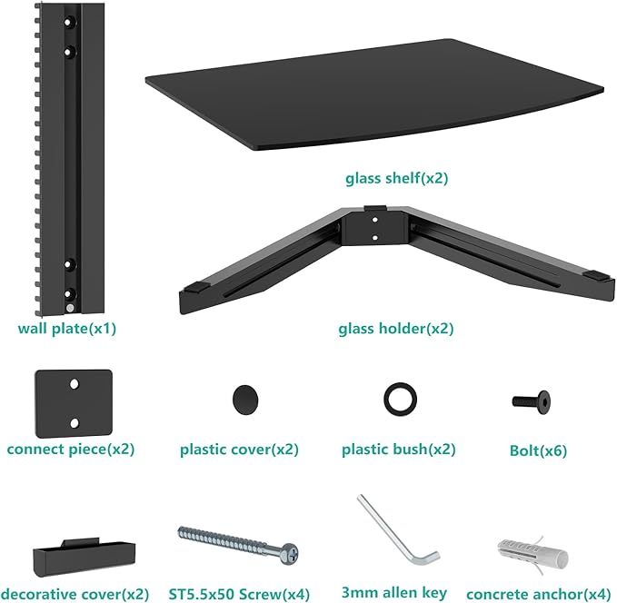 WALI Floating Entertainment Center Shelves, Holds Up to 17.6lbs, TV Shelf with Strengthened Tempered Glasses for DVD Players, Cable Boxes, Games Consoles, TV Accessories (CS202B), 2 Shelf, Black