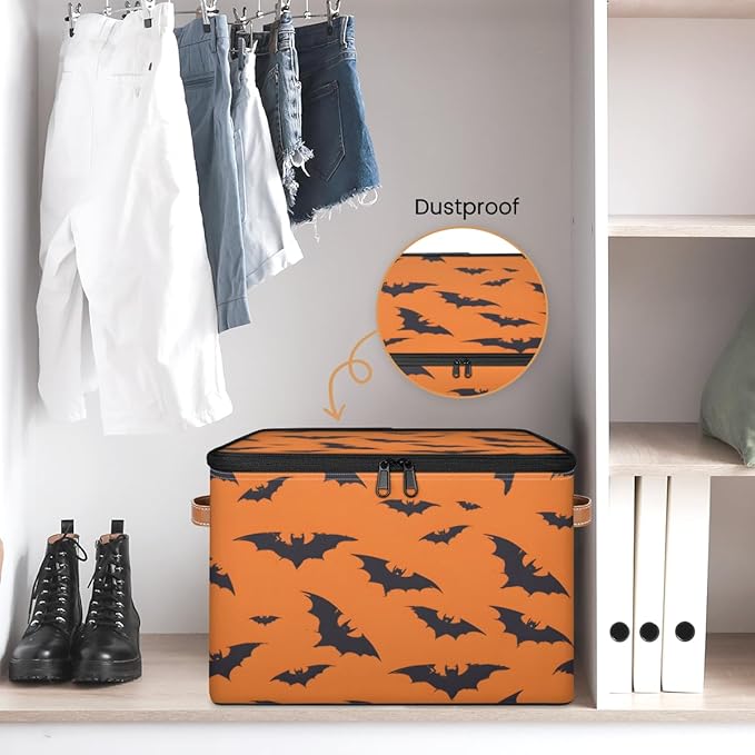 Halloween Bat Storage Bins with Lids, Black Orange Fabric Storage Boxes with Zipper, Collapsible Decorative Closet Organizer Cube for Clothes,Organizing, Shelves-NeatNest