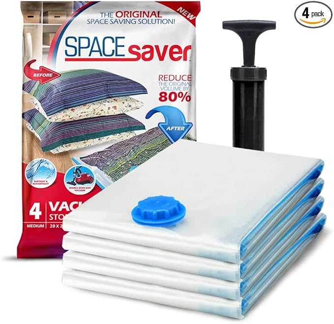 Spacesaver 4 Pack Medium Vacuum Storage Bags for Clothes - 28 x 20-Inch Vacuum Sealer Compression Bags with Hand Pump - Space Saver Storage Bag for Travel Essentials, Garments and Organization-NeatNest