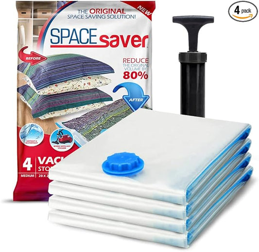 Spacesaver 4 Pack Medium Vacuum Storage Bags for Clothes - 28 x 20-Inch Vacuum Sealer Compression Bags with Hand Pump - Space Saver Storage Bag for Travel Essentials, Garments and Organization-NeatNest