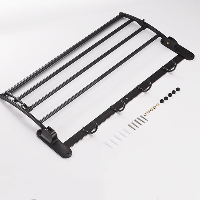BESy 24 Inch Oil Rubbed Bronze Towel Racks, Bathroom Towel Shelf with Foldable Towel Bar Holder and Towel Hooks, Wall Mounted Multifunctional Bathroom Accessories, Double Towel Bars-NeatNest