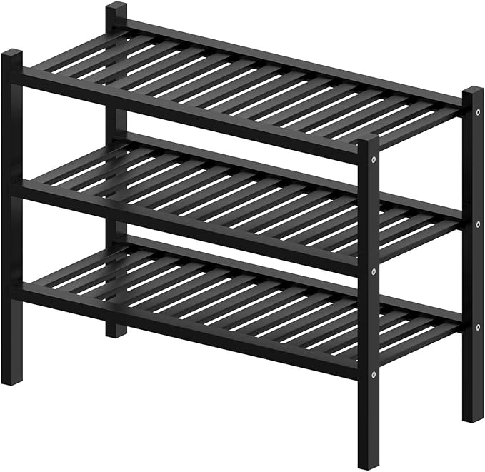 3 Tier (Thick) Bamboo Shoe Rack for Entryway, Small Wood Shoe Shelf Storage Organizer for Closet, Shoe Stand for Hallway, Stackable and Sturdy 27"x12"x21" Black-NeatNest