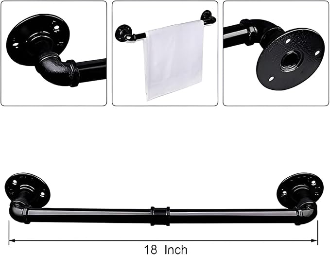 Industrial Pipe Towel Rack Towel Bar, Heavy Duty Wall Mounted Rustic Farmhouse Bath Towel Holder for Bathroom (Black, 18 Inch)