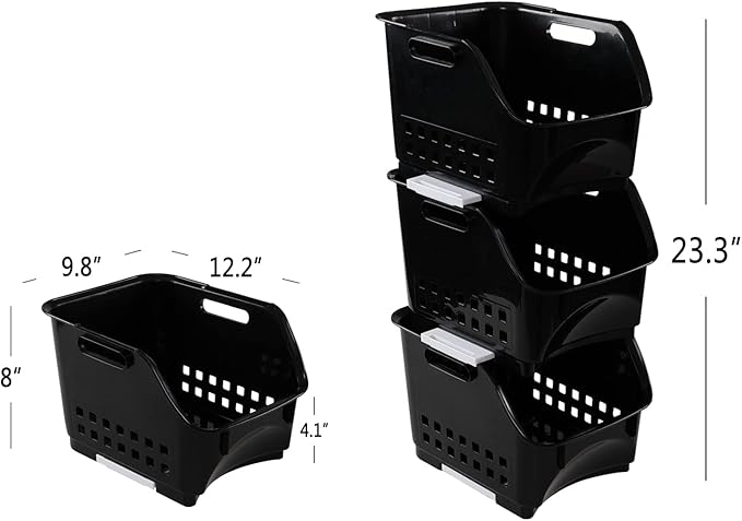 Readsky 3 Tier Plastic Kitchen Stacking Shelf Basket, Open Front Stacking Storage Bins