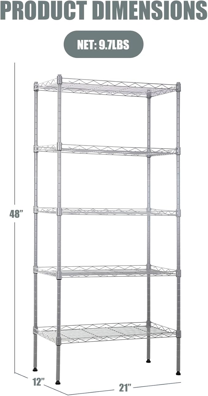 5-Tier Wire Shelving Unit Storage Shelves Metal Shelves 48"x21"x12" Heavy Duty Metal Storage Rack Wire Rack NSF Height Adjustable for Home Kitchen Bathroom Garage Shelving(Chrome)
