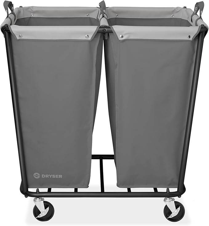 Dryser Divided Commercial Heavy-Duty Rolling Laundry Hamper, Steel Frame Cart on Wheels with 2 Section Removable Canvas Bins for Hotel or Home - Gray