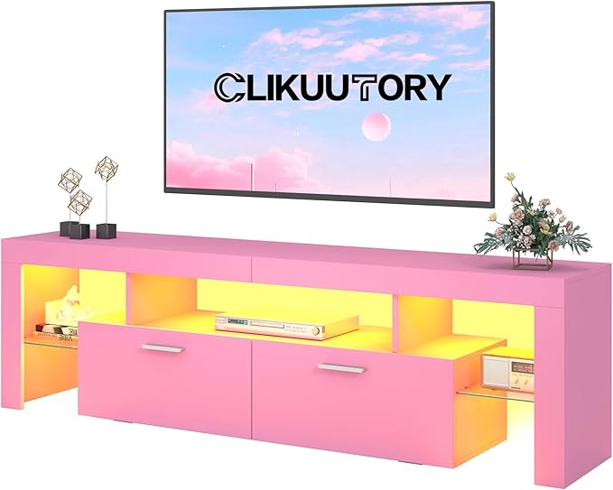 Clikuutory Modern Lighting 63 inch TV Stand with Large Storage Drawer for 50 55 60 65 70 75 Inch TVs, TV Console with 20 Color LED Lights, Entertainment Center Media and Open Shelf for Bedroom, Pink-NeatNest