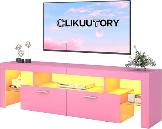 Clikuutory Modern Lighting 63 inch TV Stand with Large Storage Drawer for 50 55 60 65 70 75 Inch TVs, TV Console with 20 Color LED Lights, Entertainment Center Media and Open Shelf for Bedroom, Pink-NeatNest