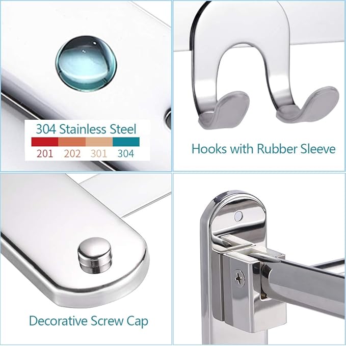 HOONEX Foldable Towel Rack for Bathroom Wall Mounted, 24 Inch Towel Shelf with Towel Hooks and Adjustable Towel Bar, 304 Stainless Towel Holder, Polished Silver