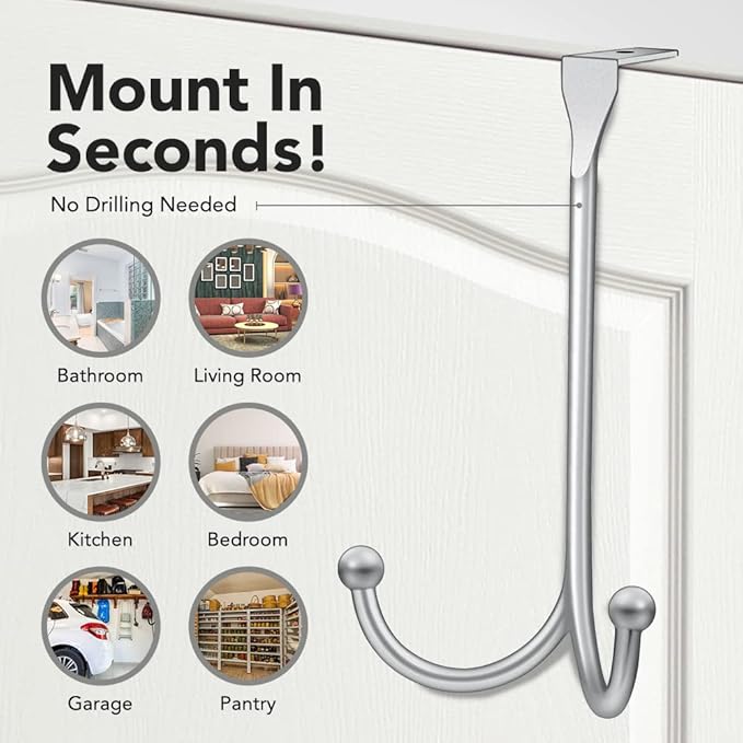 2-Pack Over The Door Hooks - with 2 Hang Heads & Snug Fit Pads Heavy Duty Hook for Hanging Coats, Towels, Caps & Robes - Elegant Matt Finish - No Drill Hanger Organizer - Silver