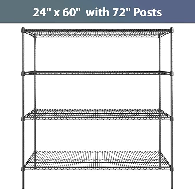 24" x 60" NSF Black Epoxy 4-Shelf Kit with 72" Posts, Commercial Storage Rack Unit, Heavy Duty Storage Shelving, Wire Shelving Kit, Adjustable Rack Strong Steel, Multipurpose Wire Shelf