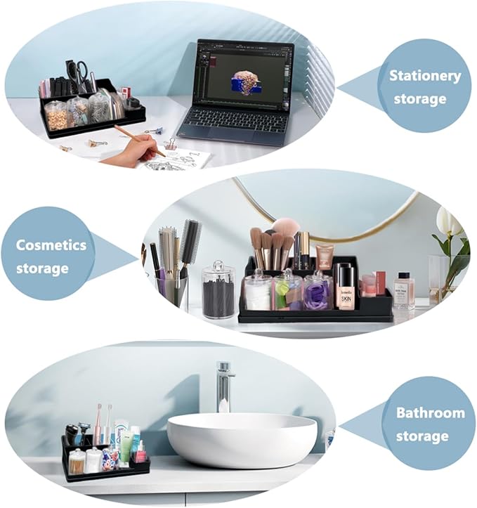 Silicone Multifunctional Bathroom Organizer Countertop,7Compartment Silicone Cosmetics Storage Organizer, Bathroom Countertop Accessories Storage,Toothbrush Stand for Vanity Office Sink，Black-NeatNest