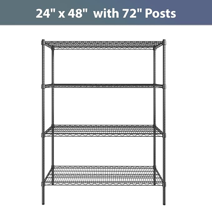 24" x 48" NSF Black Epoxy 4-Shelf Kit with 72" Posts, Commercial Storage Rack Unit, Heavy Duty Storage Shelving, Wire Shelving Kit, Adjustable Rack Strong Steel, Multipurpose Wire Shelf