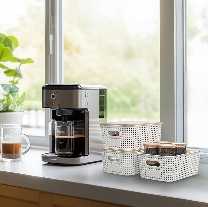 6-Pack Small 5 Qt Stackable Storage Bins with Bamboo Lids - Decorative Cute Plastic Baskets Boxes Containers with Labels for Organizing Shelves, Classroom, Closet, Desktop, Office-White-NeatNest