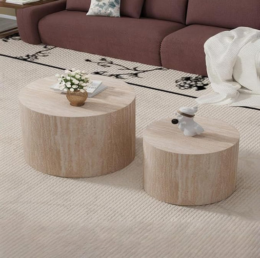 Round Nesting Coffee Tables Modern Travertine Coffee Table Small Round Coffee Tables Circular Side Table Accent End Table Nested Coffee Table Set for Living Room (Travertine Large)
