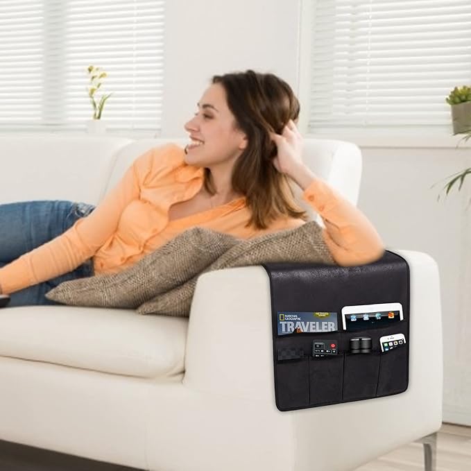 HAOMAIJIA Anti Slip Sofa Armrest Organizer Arm Chair Bedside Caddy Storage Organizer For Recliner Couch With 6 Pockets For Cell Phone Tv Remote Control Magazines (black)-NeatNest