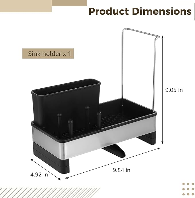 Kitchen Sink Organizer with Drain Tray, Stainless Steel and Plastic Sink Caddy, Adjustable Divider and Towel Rack, Includes Brush Holder and Non-Slip Base, Perfect for Kitchen Cleaning Tools