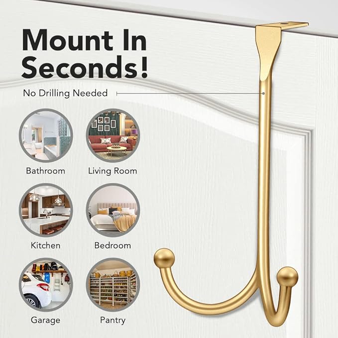2-Pack Over The Door Hooks - with 2 Hang Heads & Snug Fit Pads Heavy Duty Hook for Hanging Coats, Towels, Caps & Robes - Elegant Matt Finish - No Drill Hanger Organizer - Gold