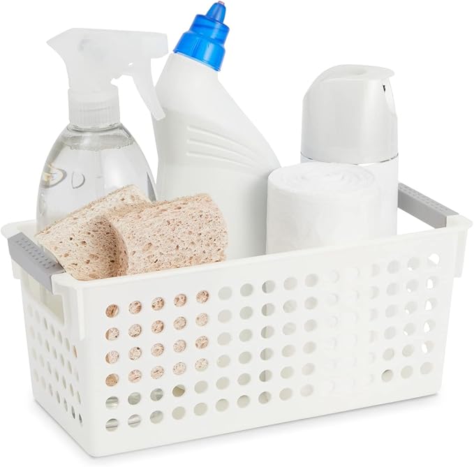 Farmlyn Creek Storage Baskets for Shelves - 4-Pack White Plastic Baskets w/ Gray Handles, 11.5 x 5.25 x 5 in - Narrow Shelf Bins & Closet Storage Bins for Bathroom, Nursery