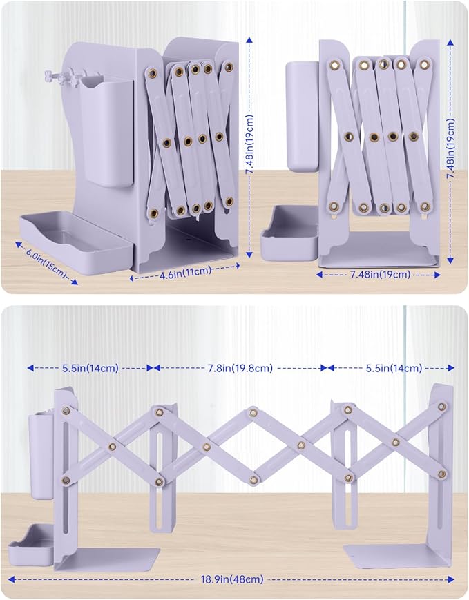 Honagu Adjustable Bookends, Metal Book Ends for Shelves Heavy Book, Desk Magazine File Organizer for Home, Office, Books, Papers with Removable Hook, Pen Holder（Light Purple）