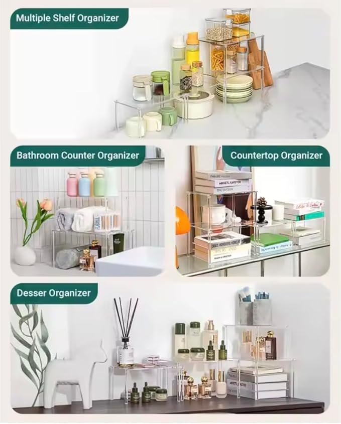 Acrylic Cabinet Organizer Set of 4 Spice Rack Desk Countertop Shelf Pantry Kitchen Storage and Organization Stackable Shelves