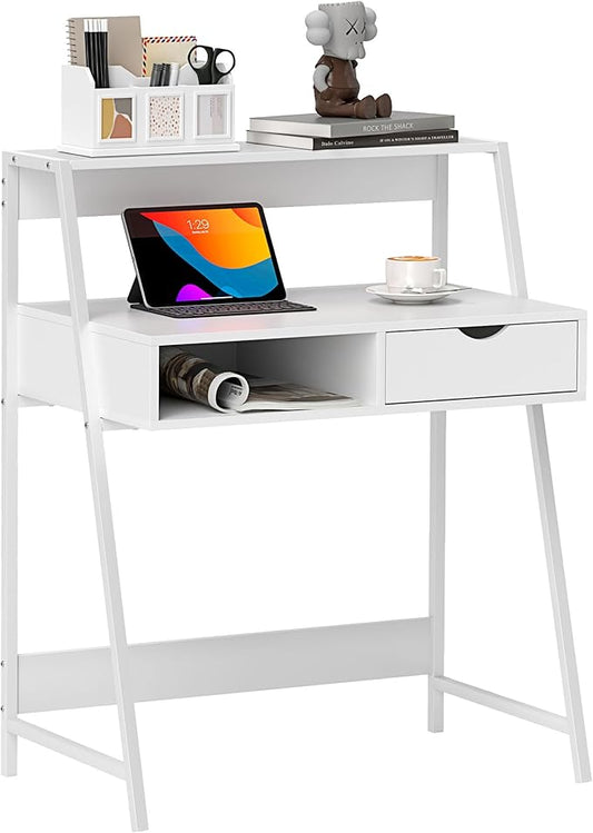 HOMCOM Home Office Desk, Computer Desk with A Frame for Small Spaces, Writing Table with Drawer and Storage Shelves, White-NeatNest
