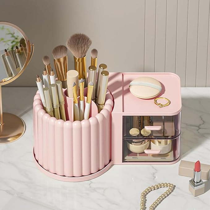 Makeup Organizer Countertop,360 Rotating Makeup Brush Holder With 2 Drawers,Small Preppy Organizer |9.25x5.11inch|Pink-NeatNest