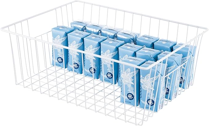 16" L x 12" W Wider Freezer Storage Organizer Baskets Container, Deep Metal Wire Chest Upright Refrigerator Divider Bins with Built-in Handles for Cabinet, Pantry, Closet, Kitchen, Pearl White