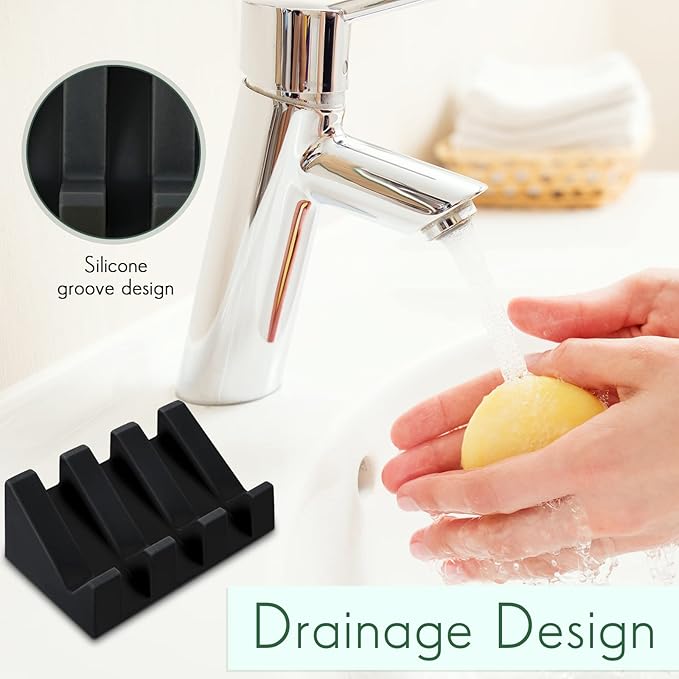 Cunhill 2 Pieces Silicone Soap Dish Self Draining Soap Dish Shower Waterfall Bar Soap Holder Tray with Drain Soap Saver for Kitchen Bathroom Accessories (Black)-NeatNest
