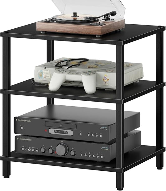 3-Tier AV Media Player Stand, Stereo Cabinet, Modern Stereo Cabine,Game Console Shelf,Wooden TV Stand,Multifunctional Entertainment Center, Suitable for Home, Conference Room, Game Studio,Black-NeatNest
