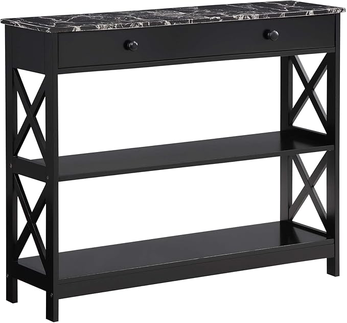 Convenience Concepts Oxford 1 Drawer Console Table with Shelves, Black Faux Marble/Black-NeatNest